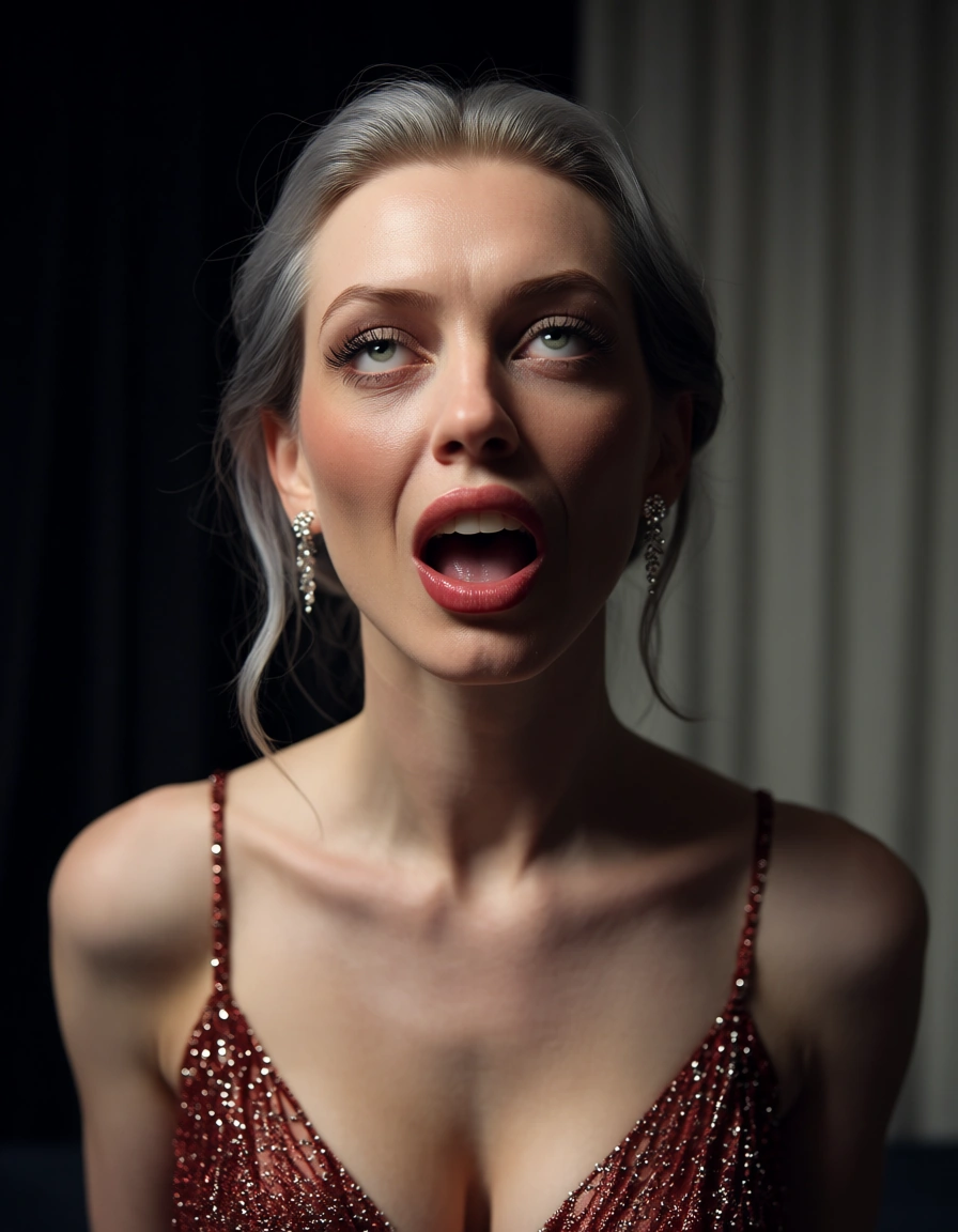 studio quality, sharp focus, redhead woman, grey hair, evening gown, ahegao, photorealistic, score_9, score_8, candid photo, realistic skin texture, visible skin pores, film grain, depth of field