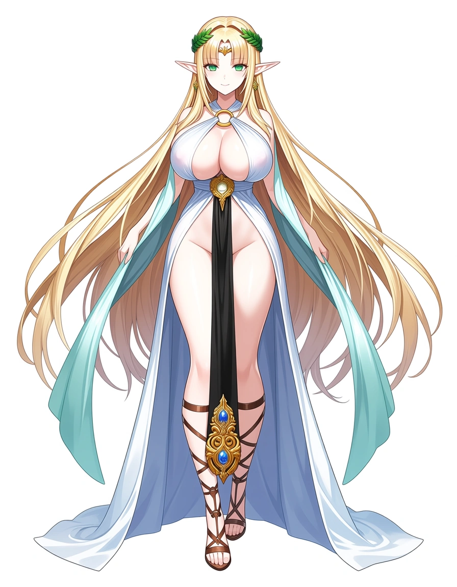 best quality, explicit detail,
Celestine Lucross. A High Elf whose beauty hypnotized everyone who saw her, a vision that blended the sacred and the sensual. Her skin was white and looked as though it had never once been marred; her long, golden hair was silky and fell like a golden cascade down to her thighs; her eyes were green and carried an unmatched serenity and sweetness, conveying a divine dignity. Her ears were long and pointed, adorned with delicate gold earrings, framing a face of perfect features, crowned by a laurel-leaf tiara and a delicate golden ornament resting on her forehead.
She wore a light, white Hellenic dress, fastened around the neck with golden rings. The garment's neckline left her full, voluptuous breasts almost entirely exposed, held up only by the tension of the fabric. The cloth split into slits at the hips, revealing her long legs and leaving her midriff bare, while long stoles floated around her like ethereal wings. A black vertical band ran down the middle of her body, ending in a lavish golden brooch set with a blue jewel that rested against her thighs. On her feet were thin leather-strap sandals that wound up in intricate lacing to her calves., anime art style, full_body, standing pose,, hentai_studio_quality