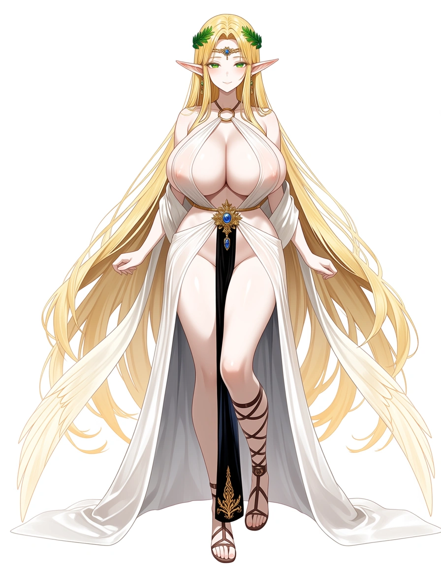best quality, explicit detail,
A High Elf whose beauty hypnotized everyone who saw her, a vision that blended the sacred and the sensual. Her skin was white and looked as though it had never once been marred; her long, golden hair was silky and fell like a golden cascade down to her thighs; her eyes were green and carried an unmatched serenity and sweetness, conveying a divine dignity. Her ears were long and pointed, adorned with delicate gold earrings, framing a face of perfect features, crowned by a laurel-leaf tiara and a delicate golden ornament resting on her forehead.
She wore a light, white Hellenic dress, fastened around the neck with golden rings. The garment's neckline left her full, voluptuous breasts almost entirely exposed, held up only by the tension of the fabric. The cloth split into slits at the hips, revealing her long legs and leaving her midriff bare, while long stoles floated around her like ethereal wings. A black vertical band ran down the middle of her body, ending in a lavish golden brooch set with a blue jewel that rested against her thighs. On her feet were thin leather-strap sandals that wound up in intricate lacing to her calves., anime art style, full_body,, hentai_studio_quality, hentai_studio_quality