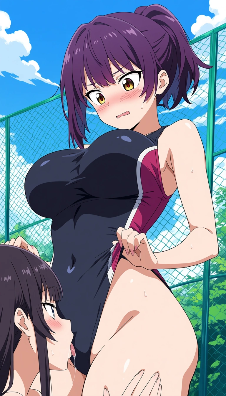 highres, sharp lines, 2girls, oral, shiny skin, sleeveless, outdoors, anime style