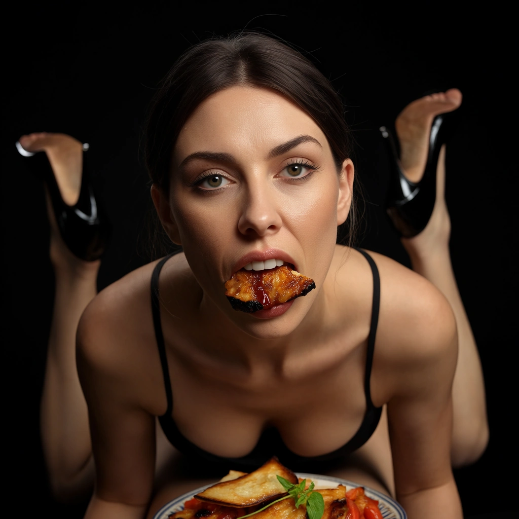 studio quality, sharp focus, 6+women, black footwear, food, straddling, black background, medium shot, hyperrealistic