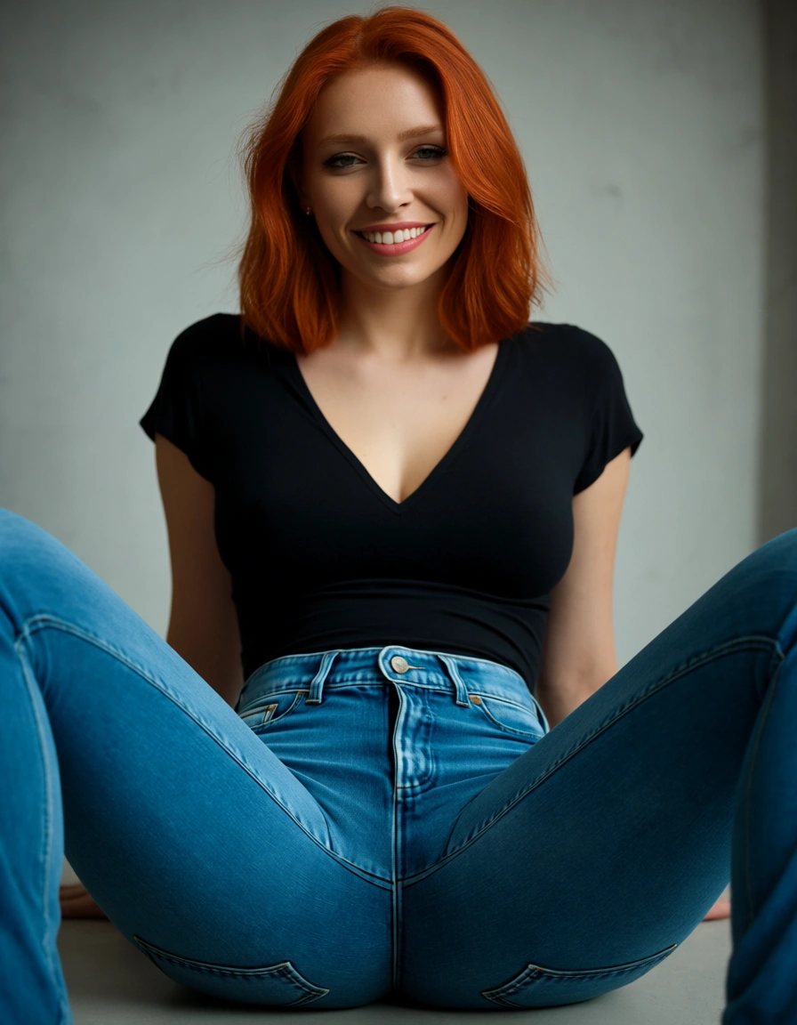 Smiling red hair woman in extremely low-rise tight jeans and a v-neck t-shirt sitting with spread legs, score_9, score_8, candid photo, realistic skin texture, visible skin pores, film grain, depth of field