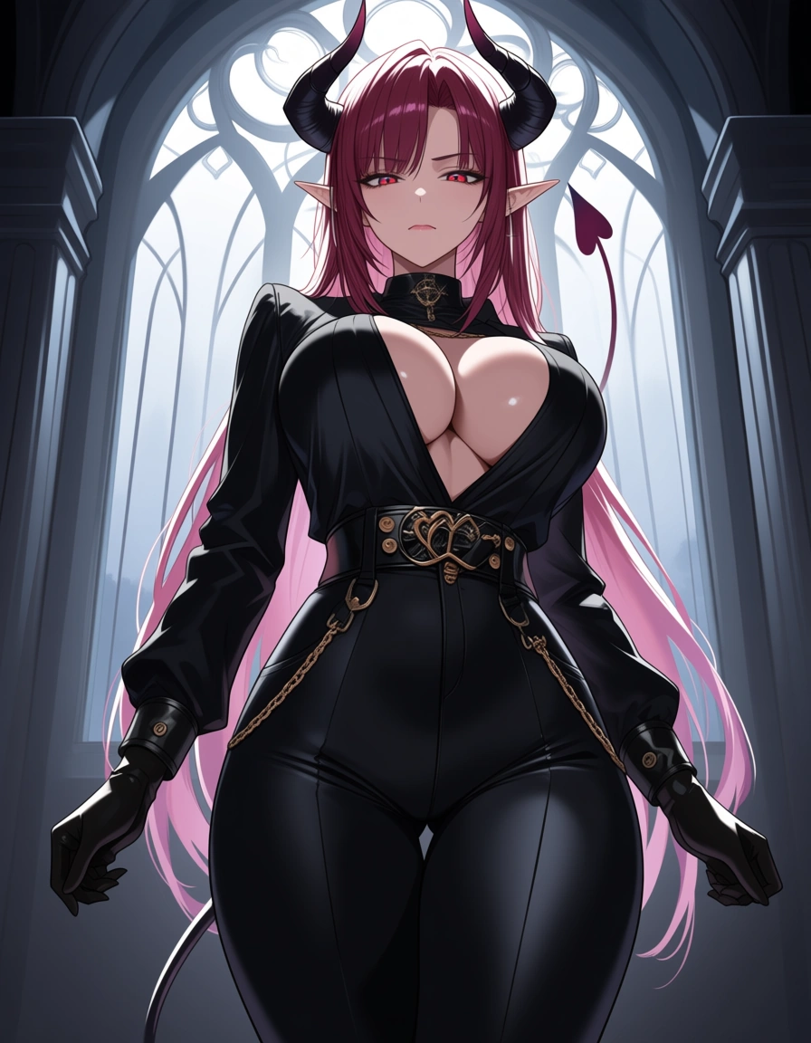 masterpiece, clean art, demon girl, pants, bondage, cowboy shot, detailed shading, hentai_studio_quality