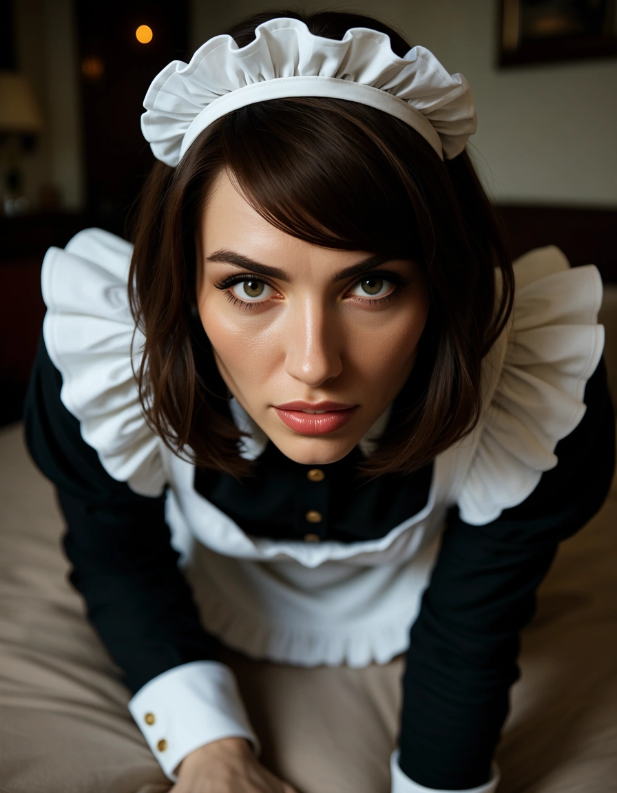 highly detailed, natural lighting, maid, swept bangs, long sleeves, on all fours, 8k uhd photo, score_9, score_8, candid photo, realistic skin texture, visible skin pores, film grain, depth of field