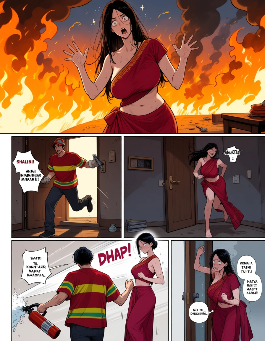 hentai_studio_quality, Page 2 (2 panels)  Big dramatic panel: Flames rising, smoke everywhere. Shalini waving hands frantically, saree getting messy.
Shalini: "Madat! Konitari madat kara!!"  
Outside her door: Arjun (in fireman t-shirt + pants) running with extinguisher.
Arjun: "Shalini Tai! Mi yeto!!"

Page 3 (3 panels)  Arjun kicks door open heroically.
SFX: DHAM!  
He sprays foam + water. Fire starts dying. Shalini standing drenched.
Shalini: "Arjun... tu... majhya vachavla..." (eyes sparkling)  
Wet saree clings to her body – full figure visible (curves, navel, heavy breasts). Arjun freezes for a second.
SFX: Drip... drip...