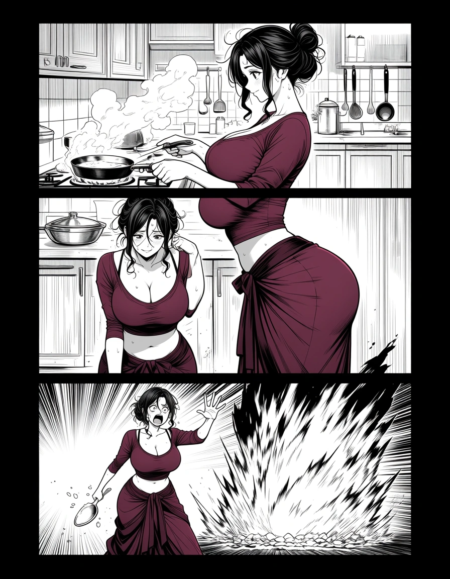 (anime style:1.3), 2d, anime screencap, cel shading, flat color, @00osamio00, Black and white manga page, three clean rectangular panels with bold black borders, vertical portrait layout.Top wide panel: Beautiful 48-year-old Indian desi woman, voluptuous mature body, fair skin, large breasts, wide hips, soft tummy. She has messy long wavy hair in loose bun with strands on face. Wearing traditional maroon cotton saree, pallu tucked tightly at waist exposing midriff and navel. Tight blouse. She is standing in a kitchen, smiling warmly while stirring a pan on the stove. Visible sweat drops on her neck, chest and cleavage. Detailed kitchen background with utensils and spices.Middle panel: Same woman bending forward to pick up a fallen spoon from the floor. Her pallu has slipped slightly off her shoulder, revealing deep cleavage. Emphasize her curvaceous figure from side angle. SFX text: SlipppBottom large dramatic panel: Sudden fire erupting from the cooking pan with big flames and smoke. Same woman in panic, eyes wide open, mouth open shouting, hands raised. Dramatic speed lines and heavy shading around the fire. Kitchen looks chaotic.Classic black and white manga style, bold inking, high contrast, detailed linework, mature attractive desi woman, cinematic lighting, no speech bubbles or dialogues, only SFX "Slippp"