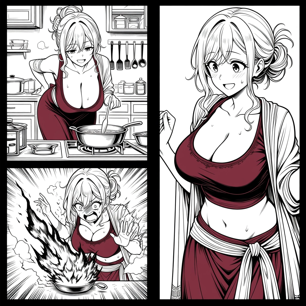 Black and white manga page, three clean rectangular panels with bold black borders, vertical portrait layout.Top wide panel: Beautiful 48-year-old Indian desi woman, voluptuous mature body, fair skin, large breasts, wide hips, soft tummy. She has messy long wavy hair in loose bun with strands on face. Wearing traditional maroon cotton saree, pallu tucked tightly at waist exposing midriff and navel. Tight blouse. She is standing in a kitchen, smiling warmly while stirring a pan on the stove. Visible sweat drops on her neck, chest and cleavage. Detailed kitchen background with utensils and spices.Middle panel: Same woman bending forward to pick up a fallen spoon from the floor. Her pallu has slipped slightly off her shoulder, revealing deep cleavage. Emphasize her curvaceous figure from side angle. SFX text: SlipppBottom large dramatic panel: Sudden fire erupting from the cooking pan with big flames and smoke. Same woman in panic, eyes wide open, mouth open shouting, hands raised. Dramatic speed lines and heavy shading around the fire. Kitchen looks chaotic.Classic black and white manga style, bold inking, high contrast, detailed linework, mature attractive desi woman, cinematic lighting, no speech bubbles or dialogues, only SFX "Slippp"