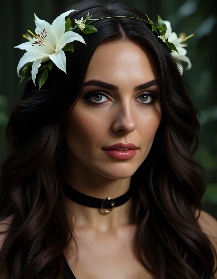 highly detailed, natural lighting, witch, hair flower, choker, facesitting, lifelike render, score_9, score_8, candid photo, realistic skin texture, visible skin pores, film grain, depth of field