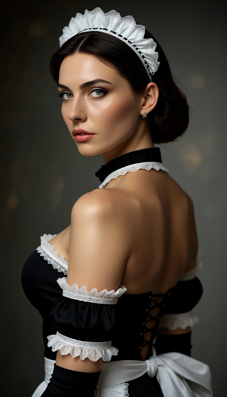 RAW photo, ultra realistic, maid, hairband, detached sleeves, arching back, studio photo