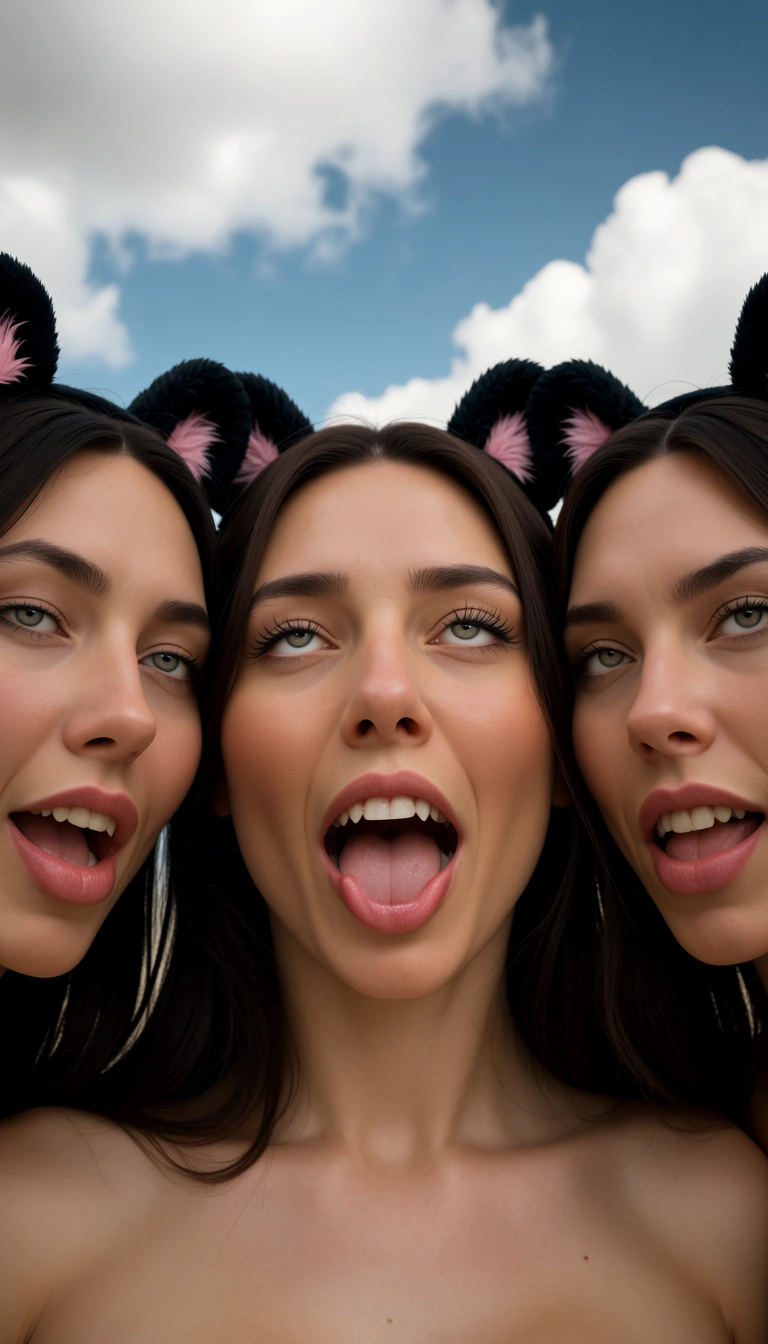 sharp focus, 8k uhd, 3girls, ahegao, fake animal ears, cloudy sky, cinematic realism