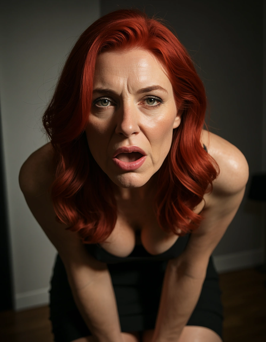 highly detailed, natural lighting, mature female, red hair, skirt, presenting, spotlight, photo realistic deepthroat, score_9, score_8, candid photo, realistic skin texture, visible skin pores, film grain, depth of field