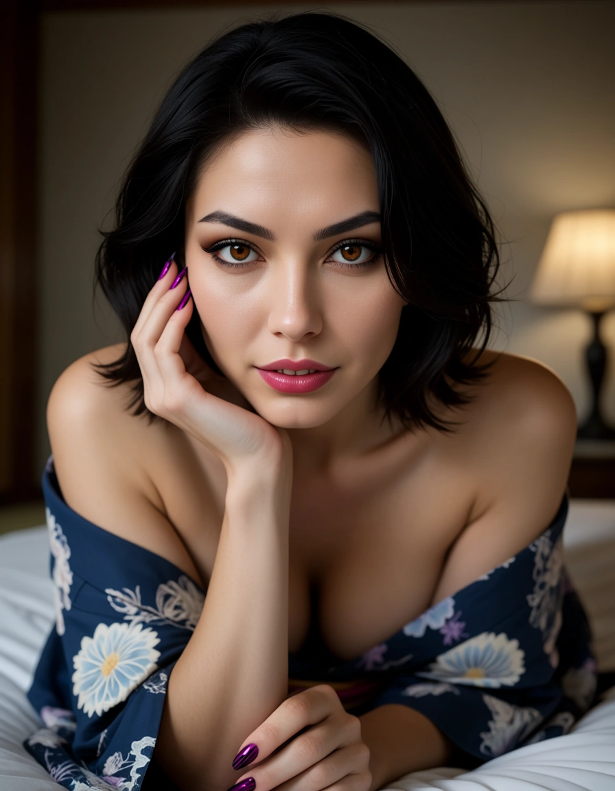 8k, sharp focus, detailed skin, succubus, nail polish, japanese clothes, topless, bed, photorealistic, score_9, score_8, candid photo, realistic skin texture, visible skin pores, film grain, depth of field