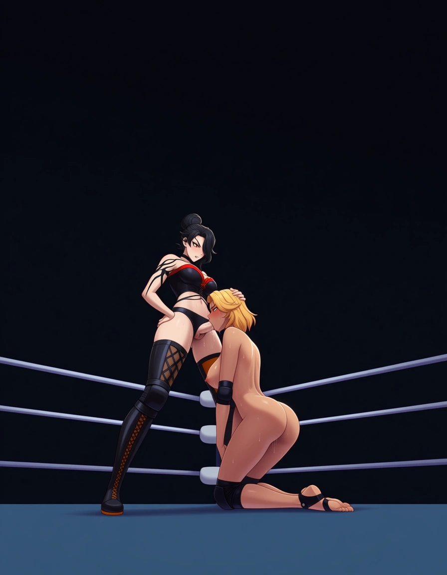 Best_quality highly_detailed, from_side ,  cinder_fall_(rwby)  , angry @sailor_uranus-blonde_hair , 2girls yuri sex ,wrestling_ring wrestling defeated, pussy_juice orgasm , sweat strap-on oral fellatio kneeling head_grab, wide_shot, hentai_studio_quality