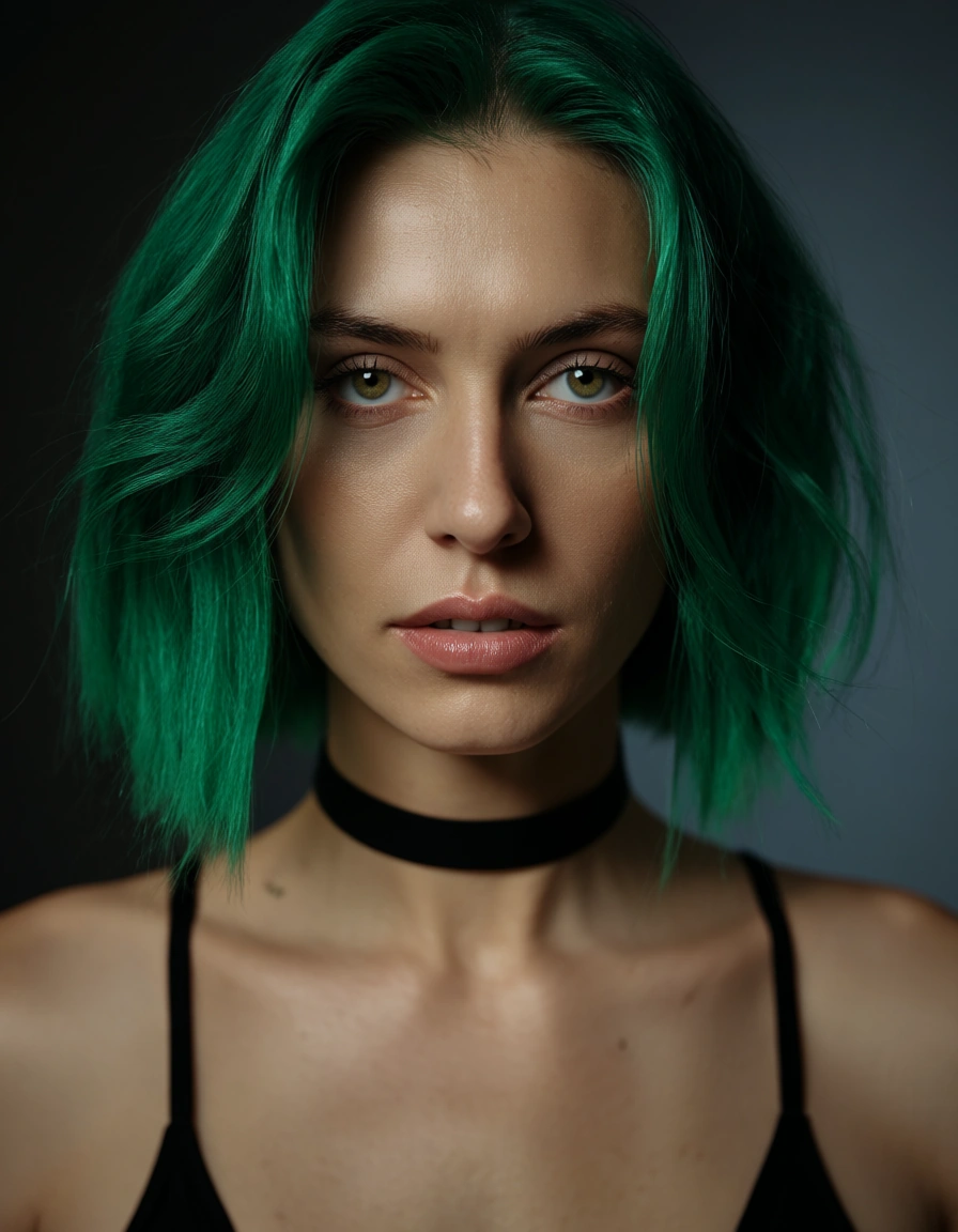 RAW photo, ultra realistic, 1other, green hair, choker, futanari, studio lighting, natural skin texture, score_9, score_8, candid photo, realistic skin texture, visible skin pores, film grain, depth of field
