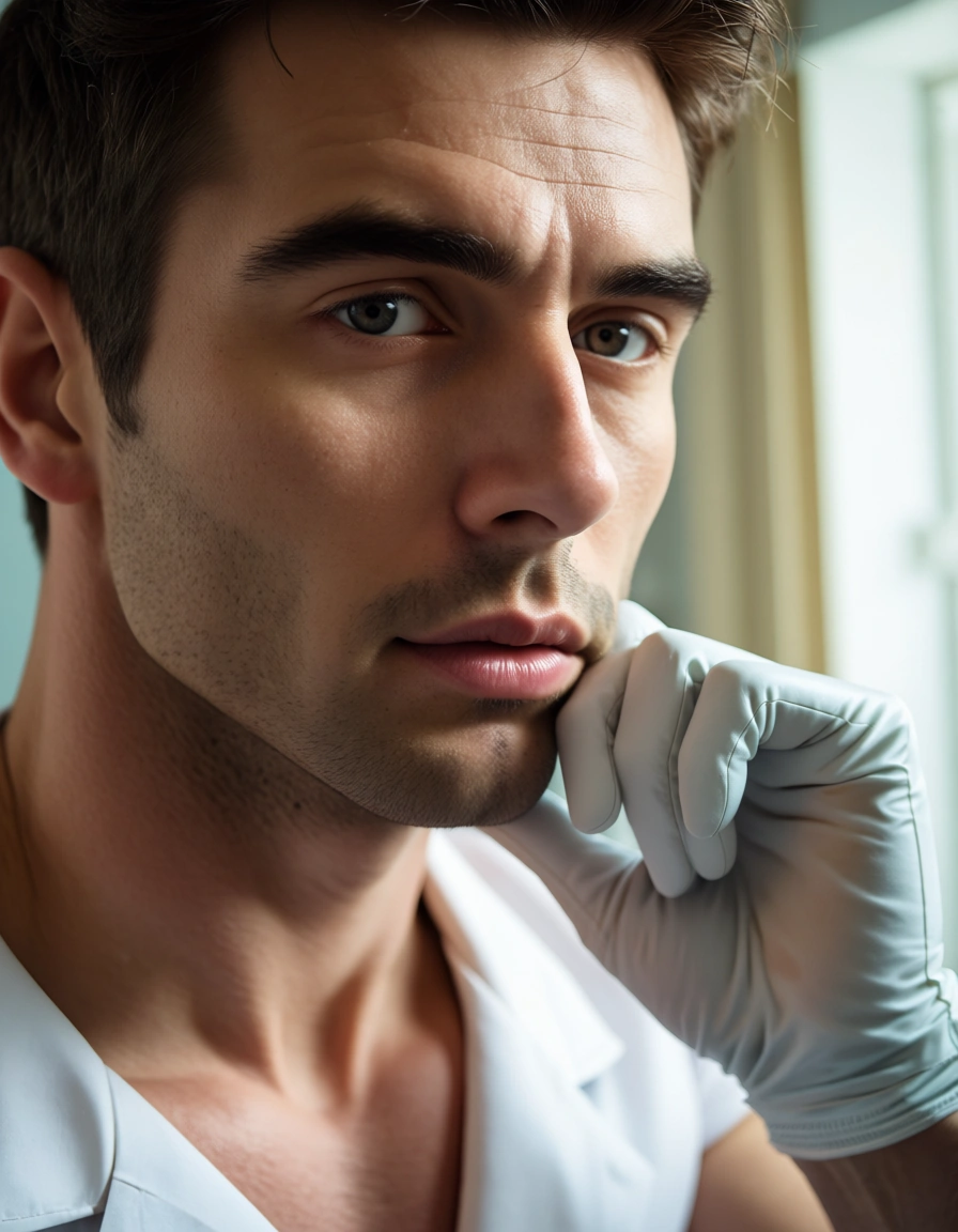 score_9, score_8, @2025, @candid photo, (amateur photography:1.2), (realistic skin texture:1.4), visible skin pores, skin blemishes, goosebumps, natural skin, soft natural lighting, (depth of field), film grain, 8k, sharp focus, detailed skin, nurse, muscular male, gloves, creampie, soft lighting, lifelike full_body