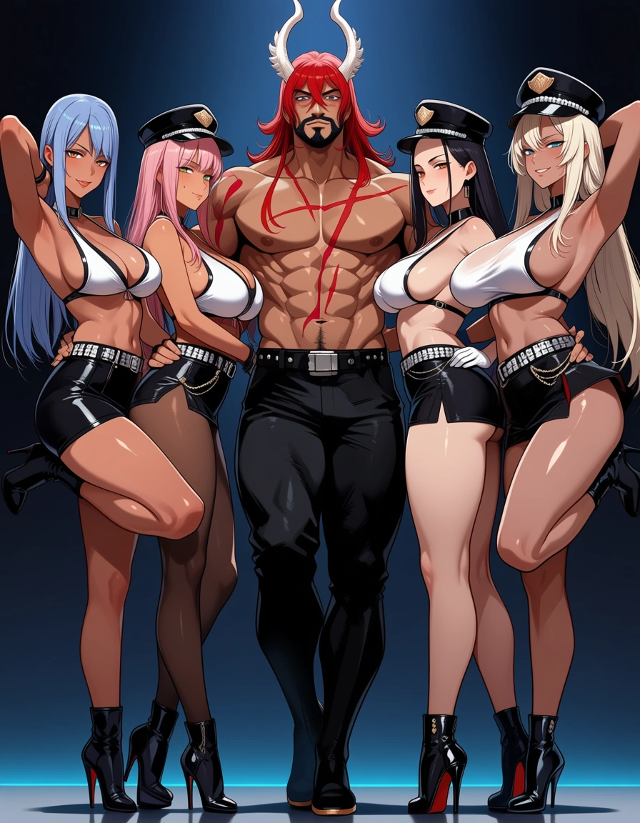 best quality, polished, 4girls, leg up, muscular male, sidelocks, eroge aesthetic, hentai_studio_quality