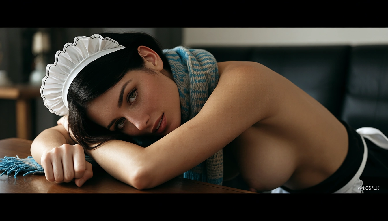 cinematic photo, 8k, maid, topless, scarf, table, film photography, score_9, score_8, candid photo, realistic skin texture, visible skin pores, film grain, depth of field