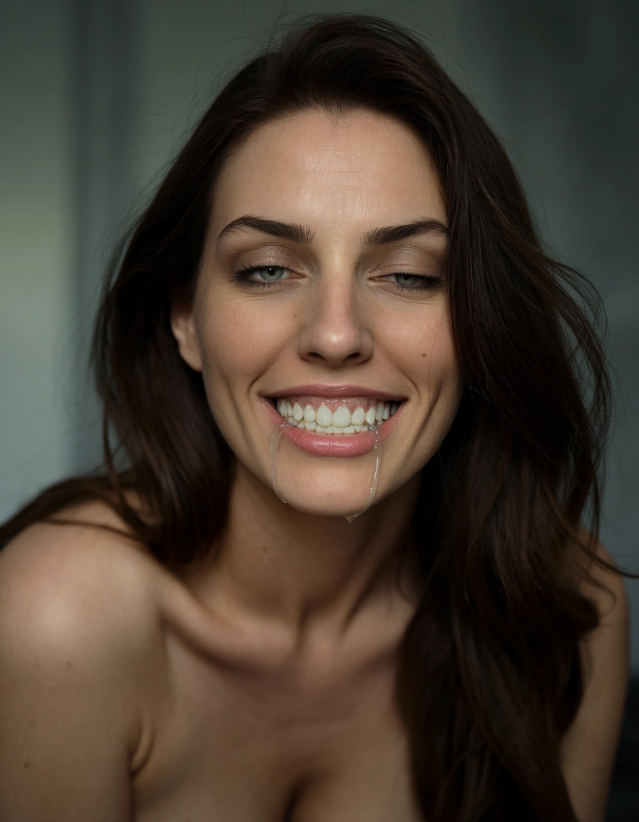 naked brunette, braces on her teeth, drooling, lazy eye, vacant smile, score_9, score_8, candid photo, realistic skin texture, visible skin pores, film grain, depth of field