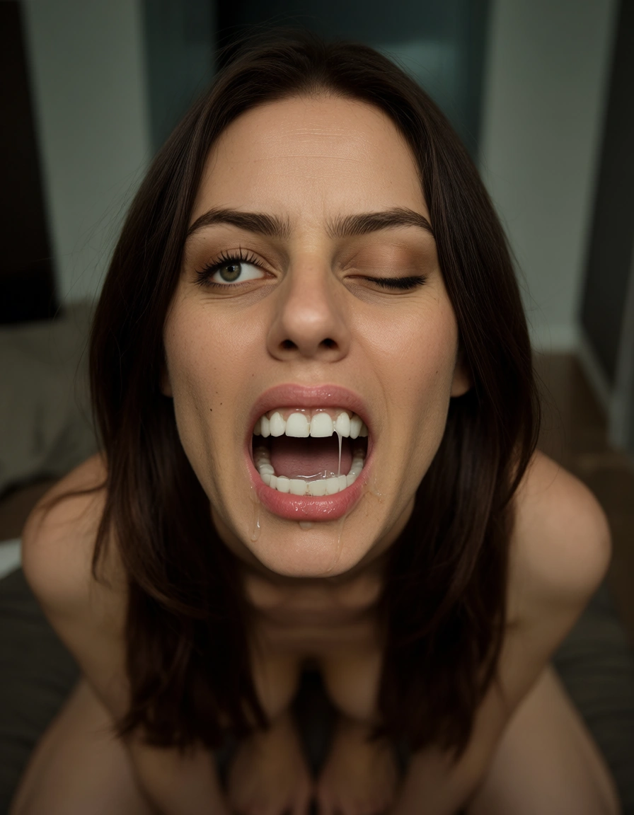 brunette, full body visible, naked, one lazy eye, braces on her teeth, mouth open, drooling, dumb expression, score_9, score_8, candid photo, realistic skin texture, visible skin pores, film grain, depth of field