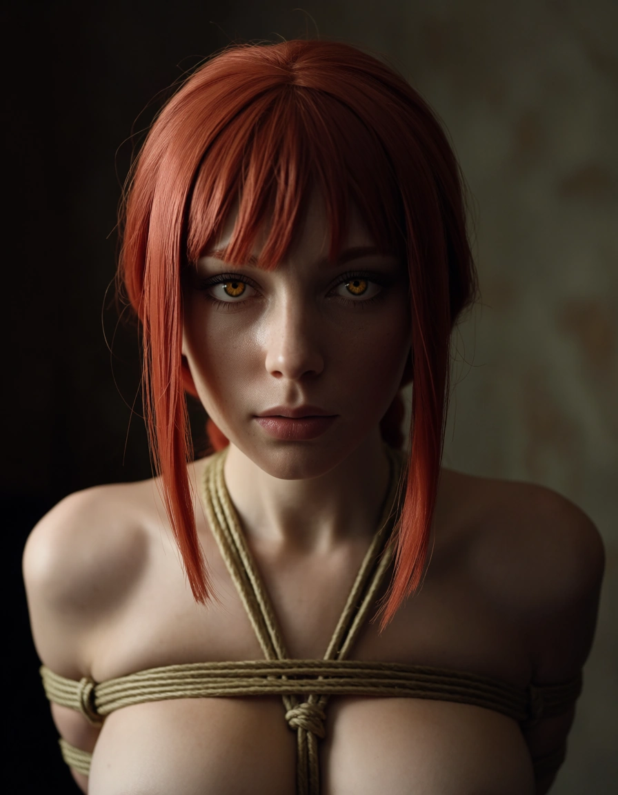 cinematic photo, 8k, redhead woman, bow, bondage, cinematic realism, @makima_(chainsaw_man), @makise_kurisu, score_9, score_8, candid photo, realistic skin texture, visible skin pores, film grain, depth of field
