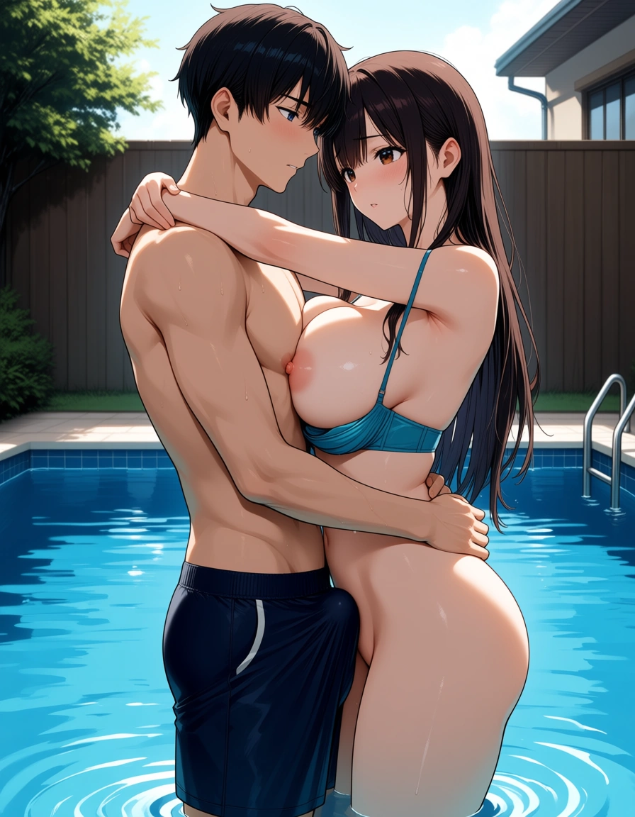 Anime style, detailed manga illustration, high quality, beautiful lighting. A young adult anime couple standing closely in a backyard swimming pool. The boy is a handsome young man with short dark hair, athletic build, wearing swim trunks. The girl is a beautiful young woman with long hair. She was wearing a bra, but it has slipped down, leaving one of her breasts exposed so that her hard nipple is directly pressing against his bare chest skin. They are standing in the shallow end of the pool, water up to their waists. The boy is hugging her tightly against his chest from the front, arms wrapped around her. His fully erect penis creates a very large, extremely, hentai_studio_quality