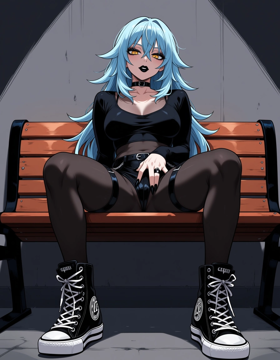 @rimuru_tempest, bodystocking black_nails, black lips, choker, multiple_rings, converse, spread_legs, bench, hentai_studio_quality, hentai_studio_quality