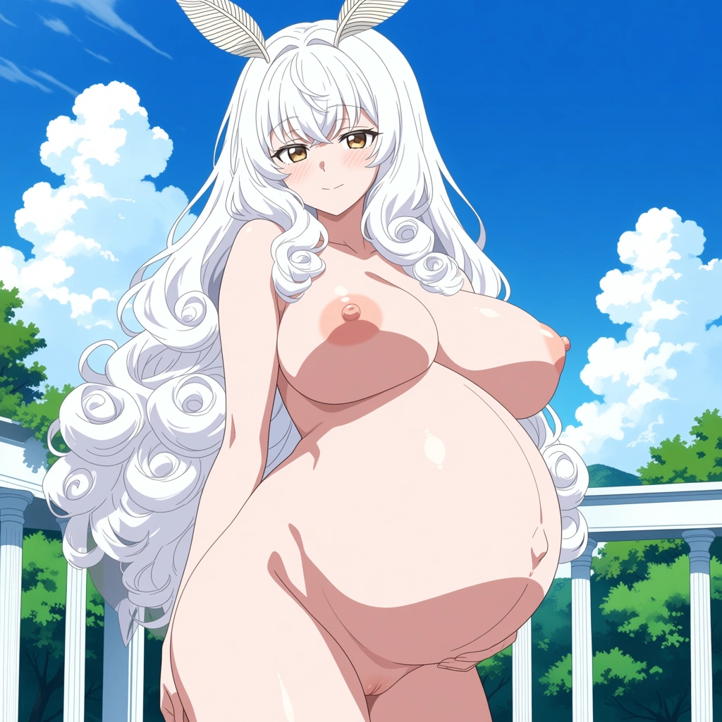 anime girl, white long curly hair, white moth antennae on head, white moth wings on back, light brown eyes, naked,  heavily pregnant 9 month belly, in house balcony second floor standing, sunny day,