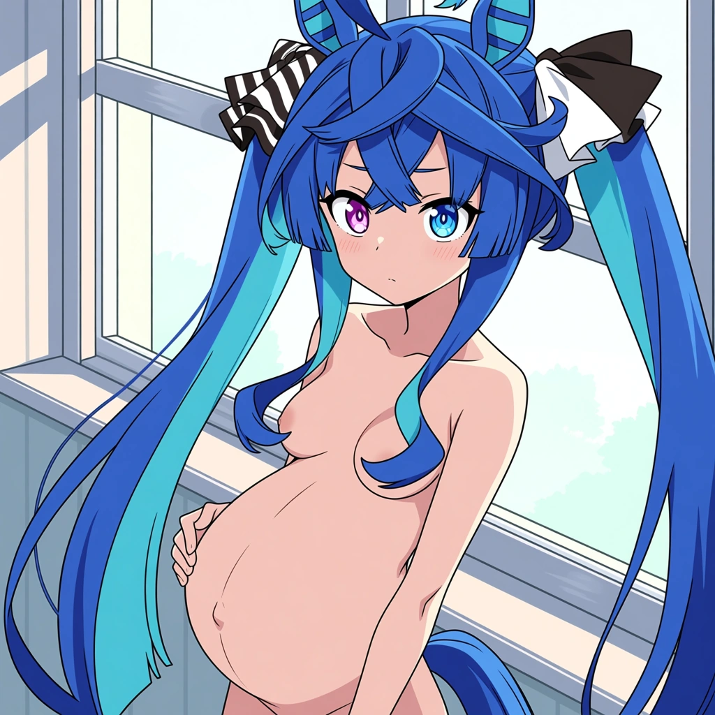 anime girl,  long somewhat messy blue hair in twintails with long sidelocks and an ahoge.  has heterochromia with a purple right eye and a blue left eye. horse ears and tail, The insides of  horse ears have a distinctive striped appearance to them.  hair is tied with nearly identical ribbons, both being black and white but the ribbon closest to right ear is striped.  naked, pregnant 9 months, in house, standing up next to window looking outside