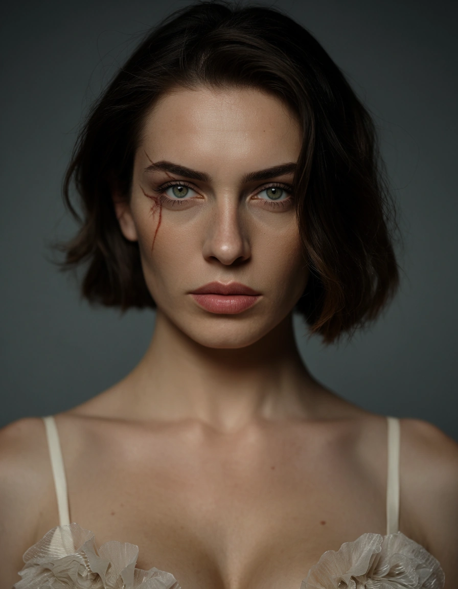 sharp focus, 8k uhd, solo, scar, frills, presenting, grey background, natural skin texture, score_9, score_8, candid photo, realistic skin texture, visible skin pores, film grain, depth of field