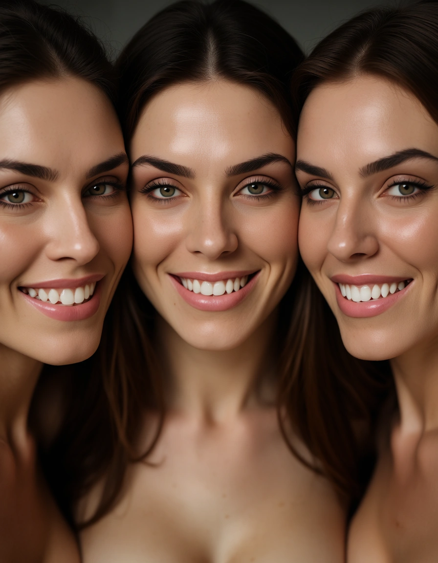 ultra HD, lifelike, 3women, creampie, petite adult woman, teasing grin, RAW photo, score_9, score_8, candid photo, realistic skin texture, visible skin pores, film grain, depth of field