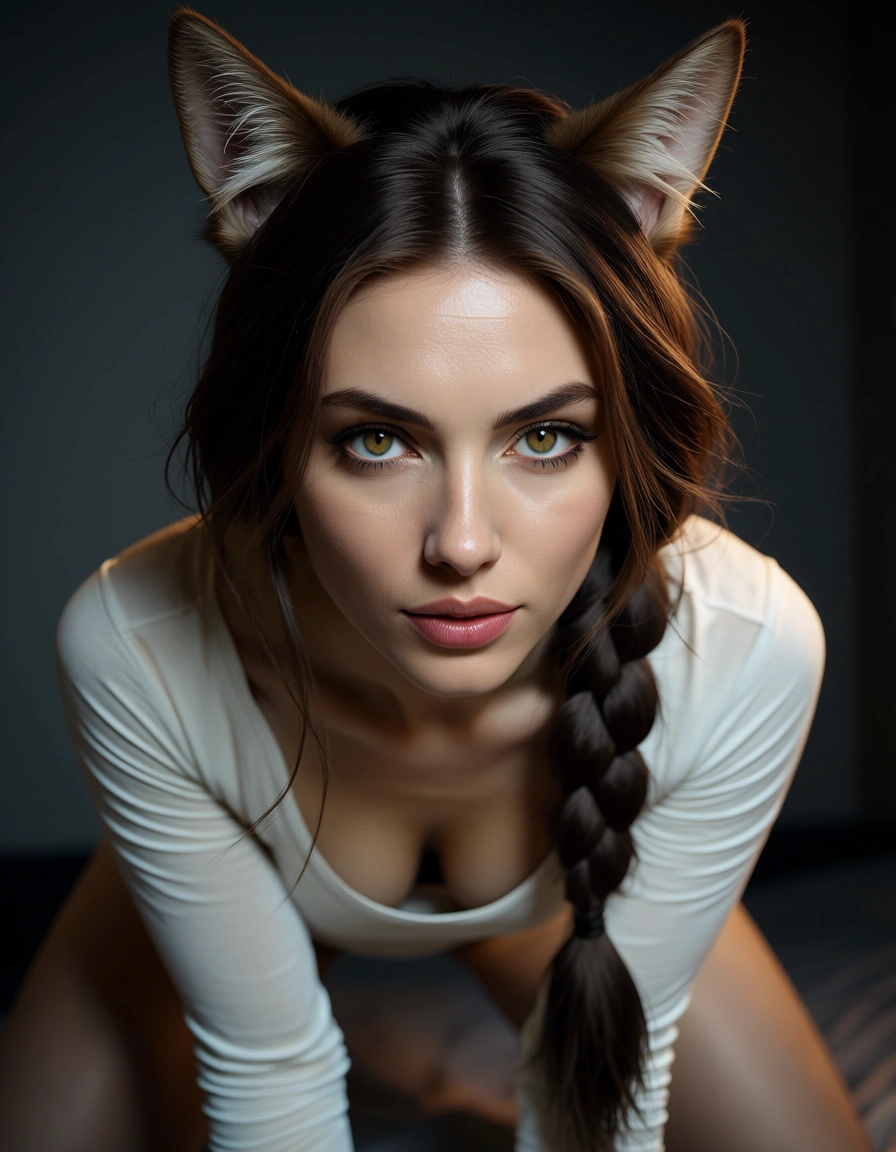 best quality, hyperrealistic, catgirl, single braid, long sleeves, doggy style, studio lighting, film photography, score_9, score_8, candid photo, realistic skin texture, visible skin pores, film grain, depth of field