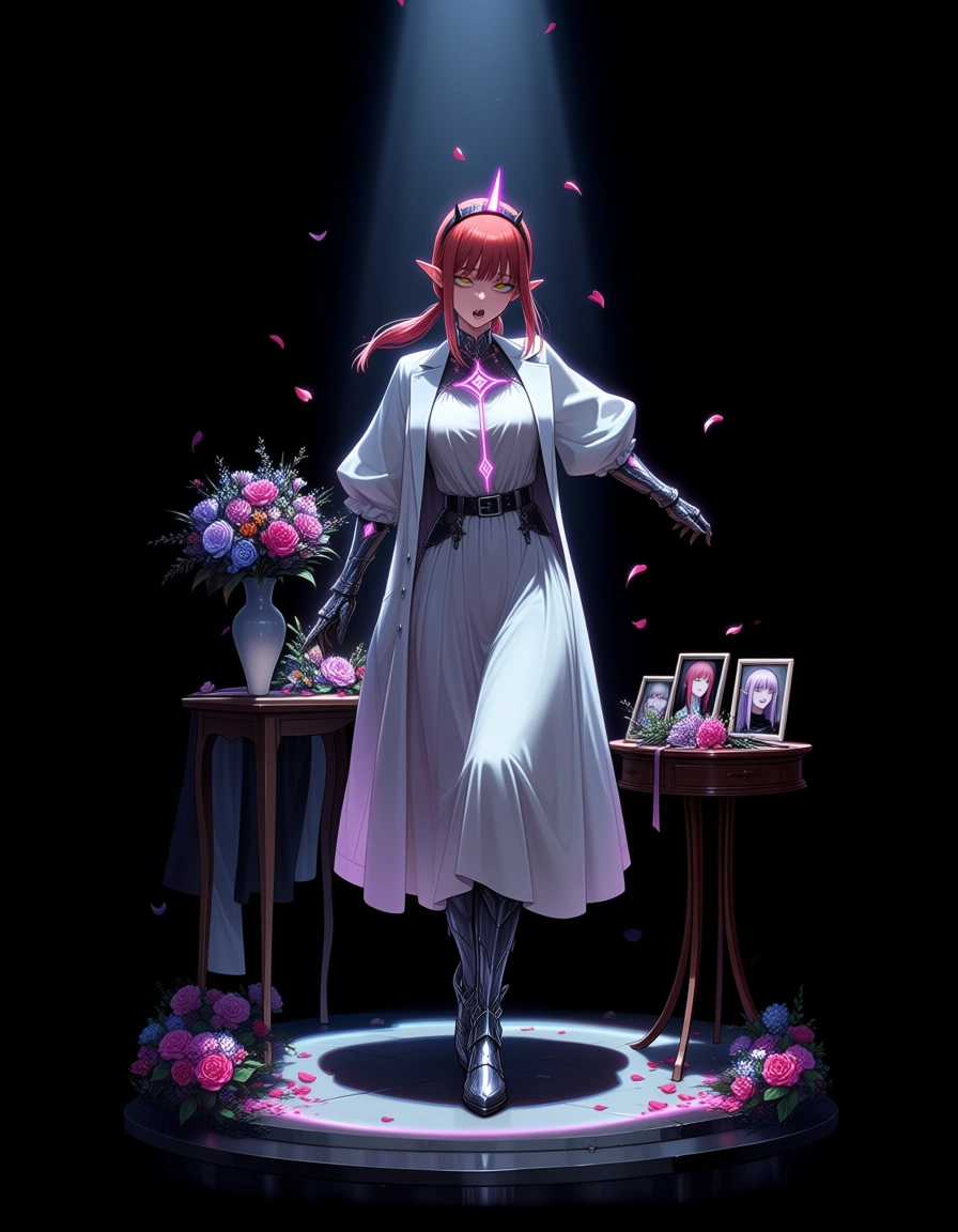 shoes, ahegao, table, spotlight, dslr quality, twintails, neon glow, film photo_(object), official_alternate_costume, official_alternate_hairstyle, @makima_(chainsaw_man), lab_coat, belt, flower, petals, bouquet, eyes_visible_through_hair, ultra HD, lifelike, elf girl, highly detailed, natural lighting, goth, sharp_teeth, hairband, puffy sleeves, @makise_kurisu, fake_horns, grey_skin, full_body, walking, elf, princess, long_white_dress, crown, armor, armored_boots, sleeves_past_fingers, diamond_(shape), white_background, homestuck, mspaintadventures, masterpiece, @patchouli_knowledge, hentai_studio_quality