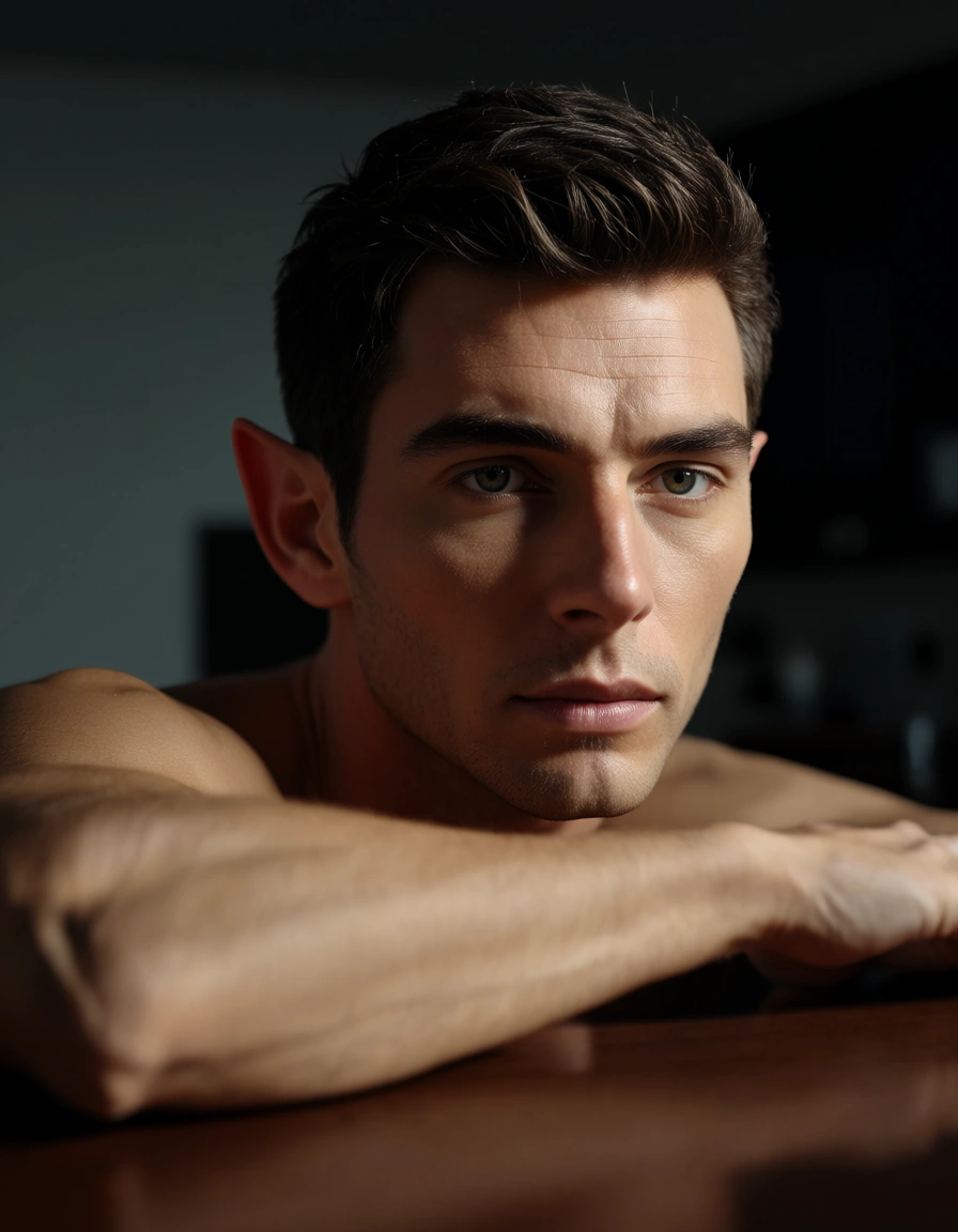 sharp focus, 8k uhd, male focus, bondage, pointy ears, table, hyperrealistic, score_9, score_8, candid photo, realistic skin texture, visible skin pores, film grain, depth of field
