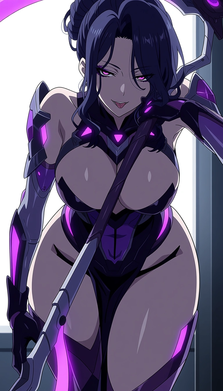 A highly detailed, digital illustration of a female character with a futuristic, cyberpunk aesthetic. She has long, dark, wavy hair styled in an elaborate updo, with a confident and slightly seductive expression, dark makeup, and piercing eyes. She wears a sleek, revealing outfit composed of black and purple armor-like elements that accentuate her curves, with glowing purple accents. Her right arm is adorned with a high-tech, metallic glove that extends to her elbow, featuring glowing purple lights. She holds a large, curved, sci-fi scythe with a glowing purple edge in her left hand, resting it on her shoulder. Her skin is pale and smooth, contrasting with her dark outfit and weapon. The background is minimal and modern, with soft lighting highlighting her figure and the glow of her weapon. The composition emphasizes her powerful and alluring presence, with a focus on futuristic combat gear and cybernetic elements. Make the image to get her blades closer to a cock, which is at the viewer's end, make it look like she walks toward it and puts the blades on the cock as if she wants to cut it, but instead bends over and teases it with her tongue