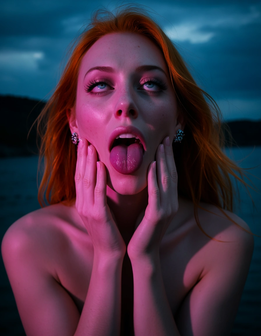 professional photo, high detail, redhead woman, hands up, earrings, ahegao, cloudy sky, neon glow, lifelike full_body, score_9, score_8, candid photo, realistic skin texture, visible skin pores, film grain, depth of field