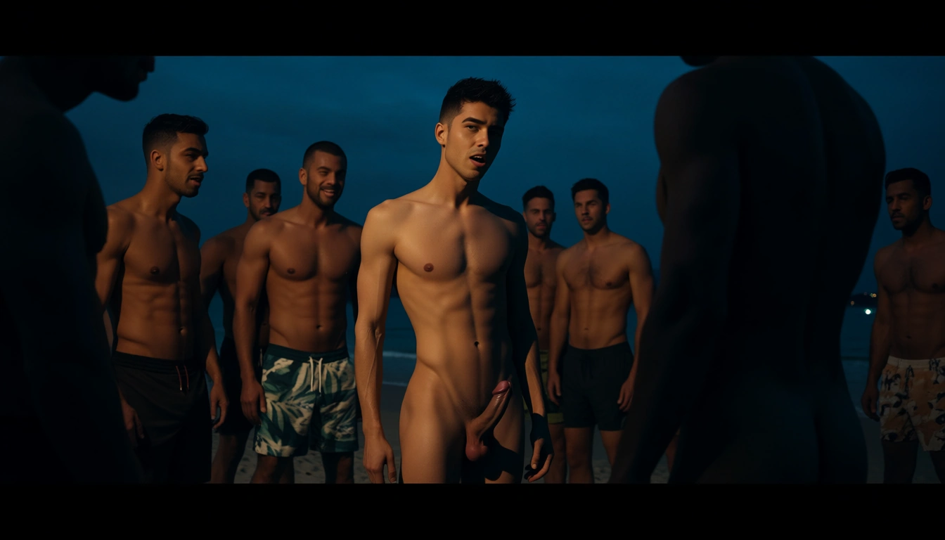 1boy, gay, 29 years, cut short black hair, slim, narrow waist, big hard cock, no abs, nude, anal penetration, being gangbanged by 9 other different men, night, beach party scene, erection, baklight, dramatic lighting, orange them,, score_9, score_8, cinematic film still, anamorphic, film grain, dramatic lighting, shallow depth of field