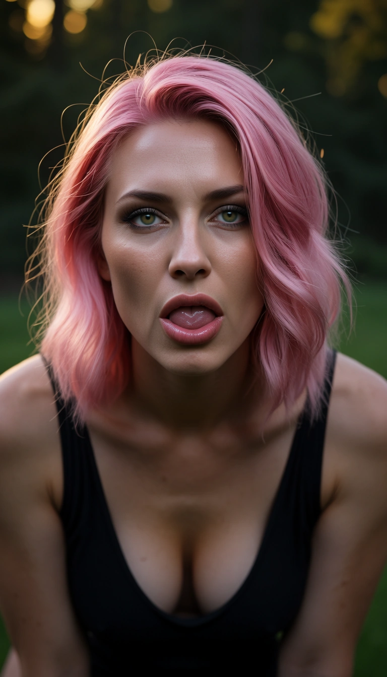 highly detailed, natural lighting, succubus, pink hair, sleeveless, deepthroat, golden hour, natural skin texture