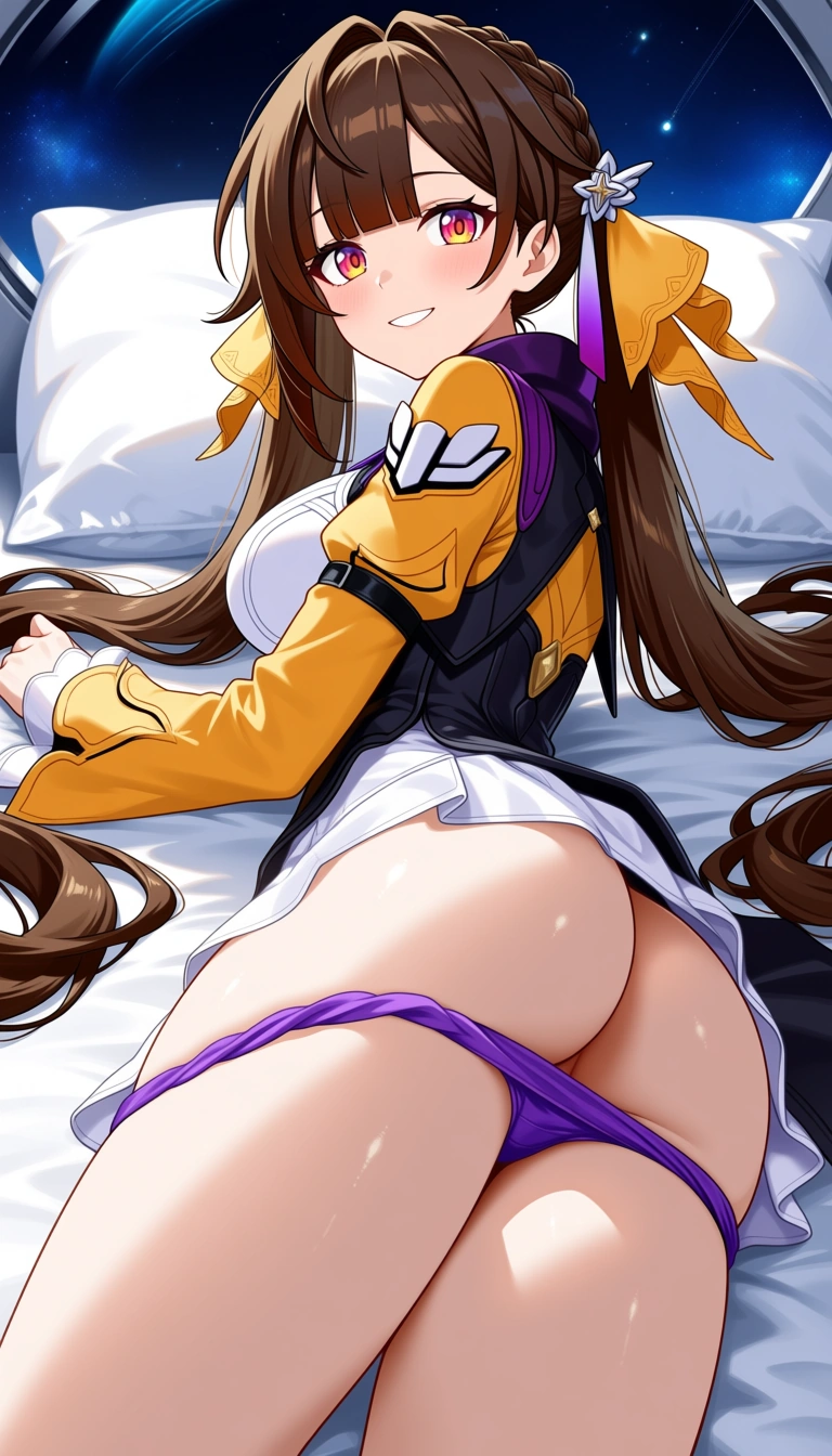 Masterpiece, honkai star rail, 1girl, Sushang, Easy going smile, medium breasts, beside ass, thighs together, medium butt, medium tits, lying on bed, Sideway pose, medium thighs, outfit, looking at viewer,  panties down, Pussy , Space ship corridor.,,, value:0.1 for: hentai_studio_quality.,,,, hentai_studio_quality, hentai_studio_quality, hentai_studio_quality, hentai_studio_quality, hentai_studio_quality, hentai_studio_quality