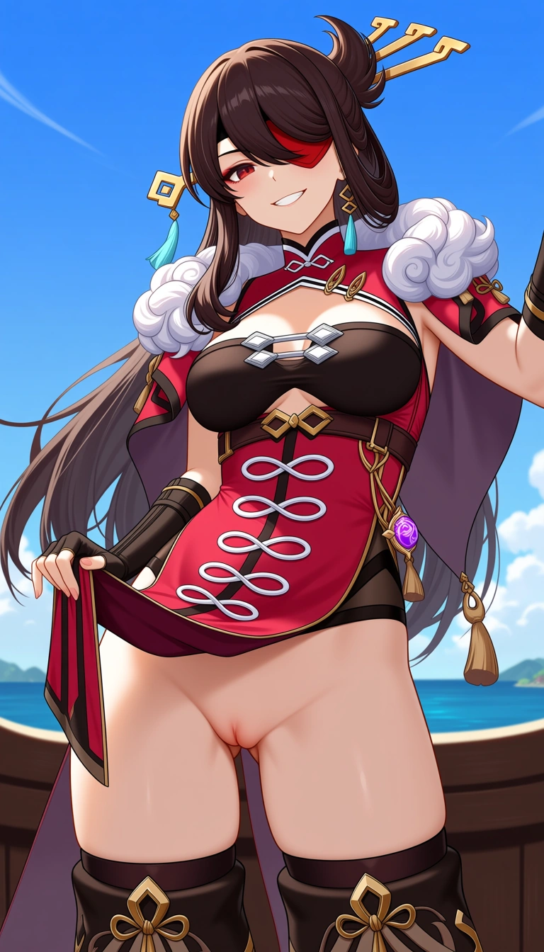 Masterpiece, 1girl, Beidou character from genshin impact , look at viewer, Medium
breasts, outfit, pull cheongsam away to show Pussy, pussy, Brave Smile, enjoying, Cameltoe, lightweight body, boat background .,,, value:0.1 for: hentai_studio_quality.,,, hentai_studio_quality, hentai_studio_quality, hentai_studio_quality, hentai_studio_quality, hentai_studio_quality
