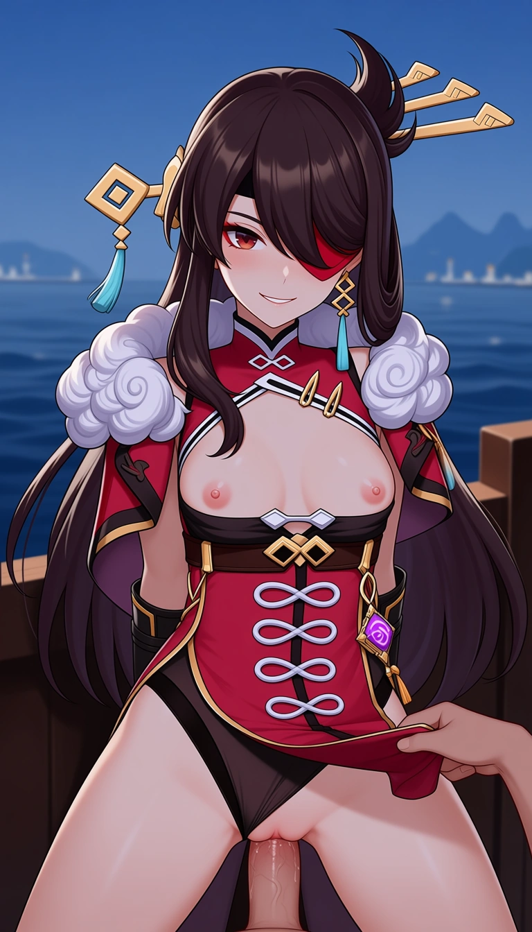 Masterpiece, 1girl, Beidou character from genshin impact , look at viewer, top up, nipples, Perfect Small breasts, pov vaginal sex, pov light no hairs cock, outfit, pull cheongsam away to show Pussy, crotch cloth aside, pussy, Brave Smile, enjoying, Cameltoe, lightweight body, boat background .,,, value:0.1 for: hentai_studio_quality.,,,, hentai_studio_quality, hentai_studio_quality