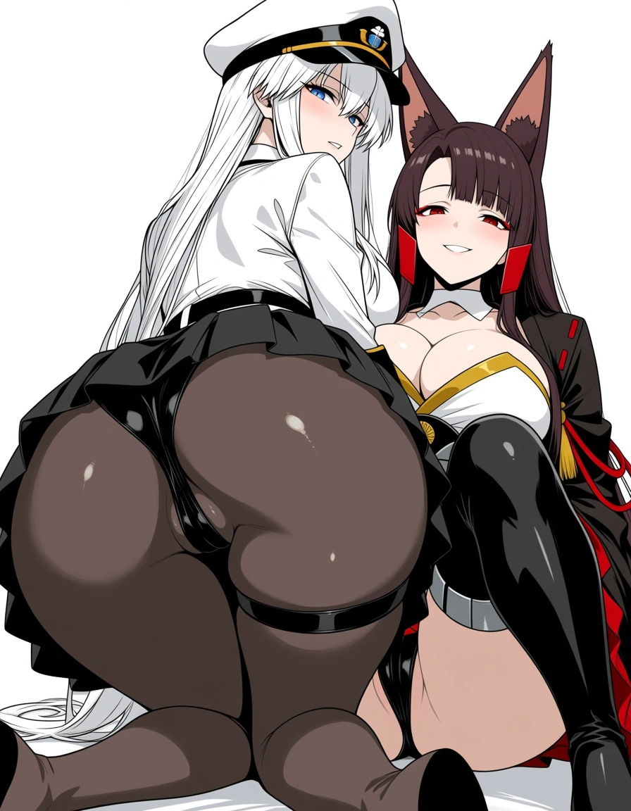 lineart sketch colored_skin color /sharp_focus /highres 2girls @enterprise_(azur_lane) @akagi_(azur_lane) yuri anal pegging, hentai_studio_quality