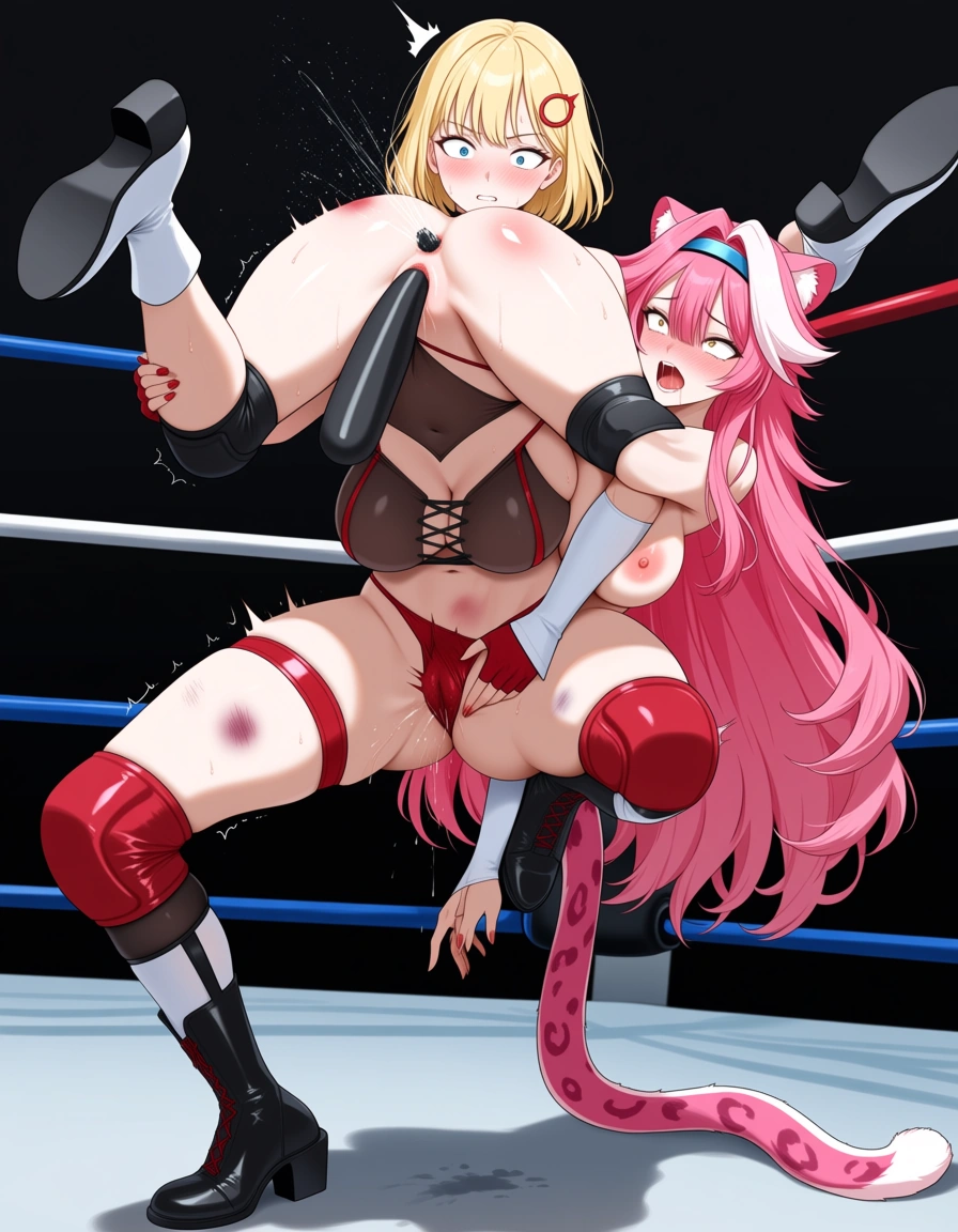 @raora_panthera, @watson_amelia-blonde_hair , 2 girls yuri sex, wrestling_ring, wrestling, strapon, surprised anal_object_insertion , defeated bruised , pussy_juice orgasm,,,,,, hentai_studio_quality