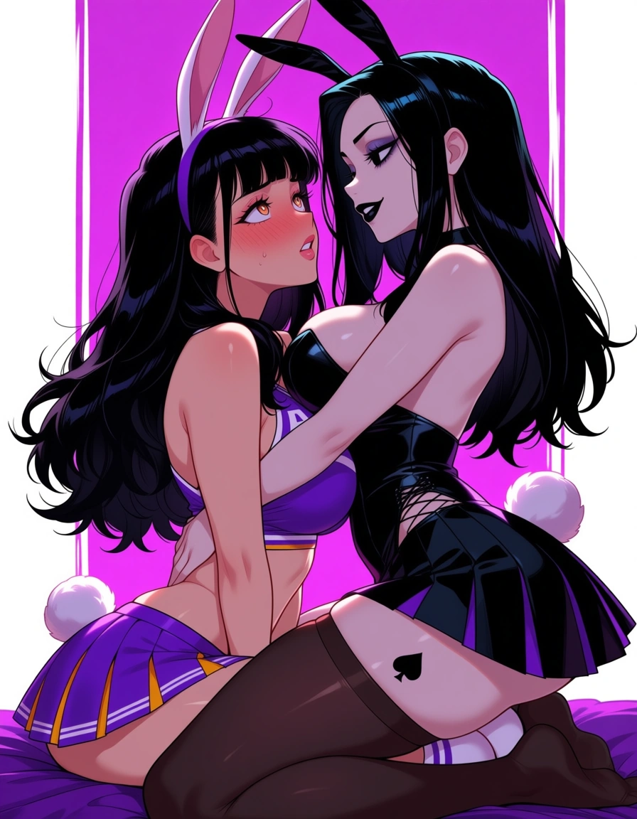 masterpiece, vivid, clean art, 2girls, futa_with_female ,
long_hair, eager , encouraging, playboy_bunny , goth, black_hair , perfect feet , thighhighs, rabbit_ears , rabbit_tail, makeup , thighs , perfect_face, perfect_anataomy, perfect_proportions, spade tattoo on thigh, skirt, cheerleader , blush, light_smile , heart-shaped_pupils , heart-shaped_pupils , kneeling , looking_up, , yuri, femdom, hentai_studio_quality, hentai_studio_quality, hentai_studio_quality