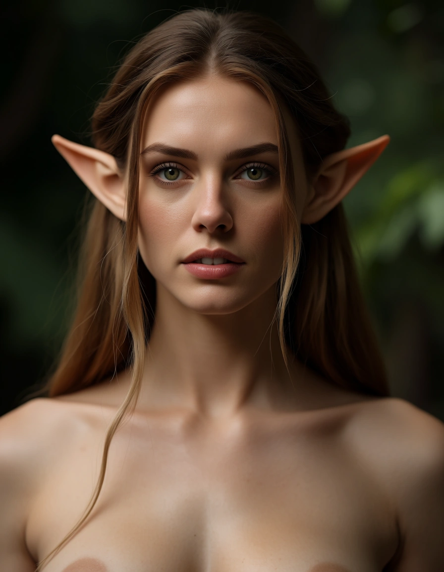ultra HD, lifelike, elf girl, shirt, fully nude, photorealistic, score_9, score_8, candid photo, realistic skin texture, visible skin pores, film grain, depth of field