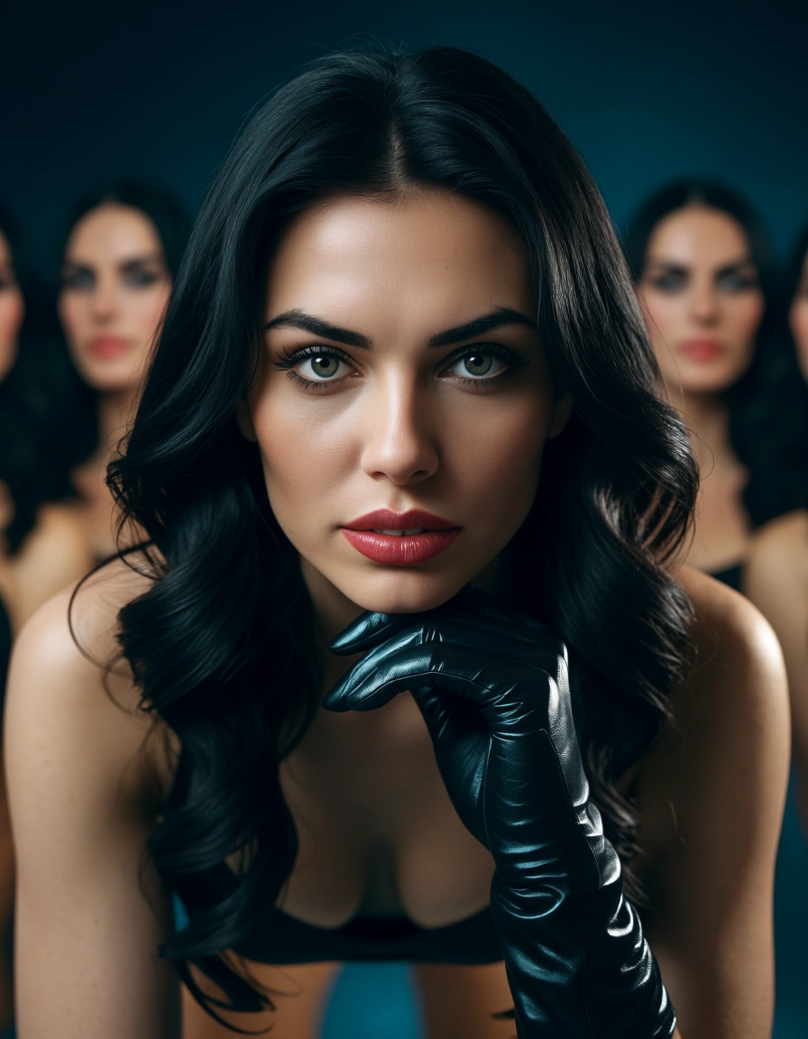 ultra HD, lifelike, 5girls, black hair, gloves, doggy style, ambient glow, studio photo, score_9, score_8, candid photo, realistic skin texture, visible skin pores, film grain, depth of field