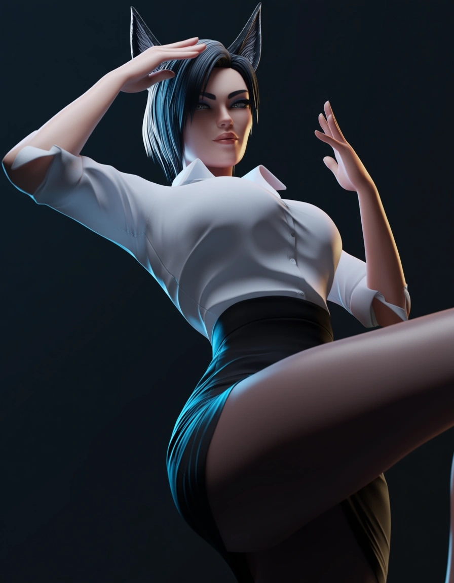 high poly, sharp focus, office lady, animal ears, collared shirt, leg up, low angle, octane render, score_9, score_8, 3d render, octane render, subsurface scattering, ray tracing, smooth shading
