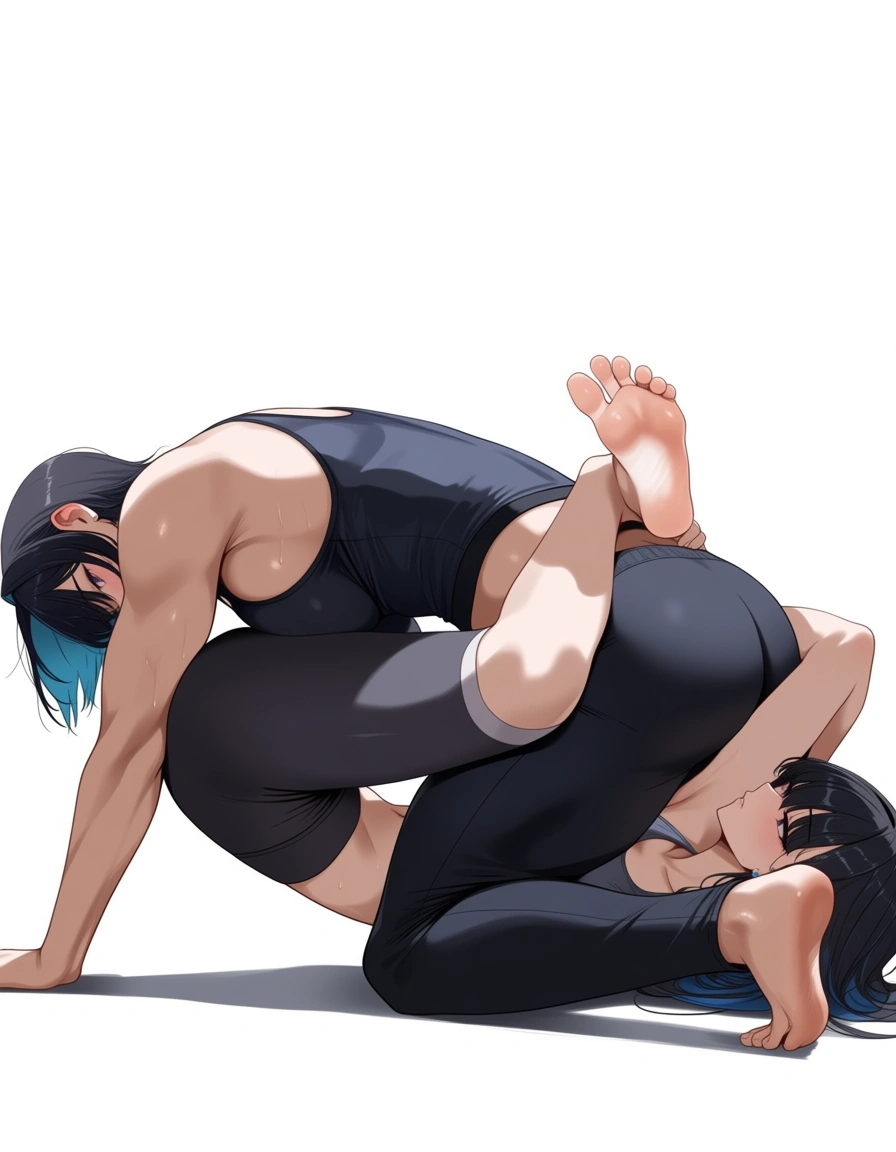 highres, vivid, fitness model, missionary, barefoot, white background, visual novel art, hentai_studio_quality