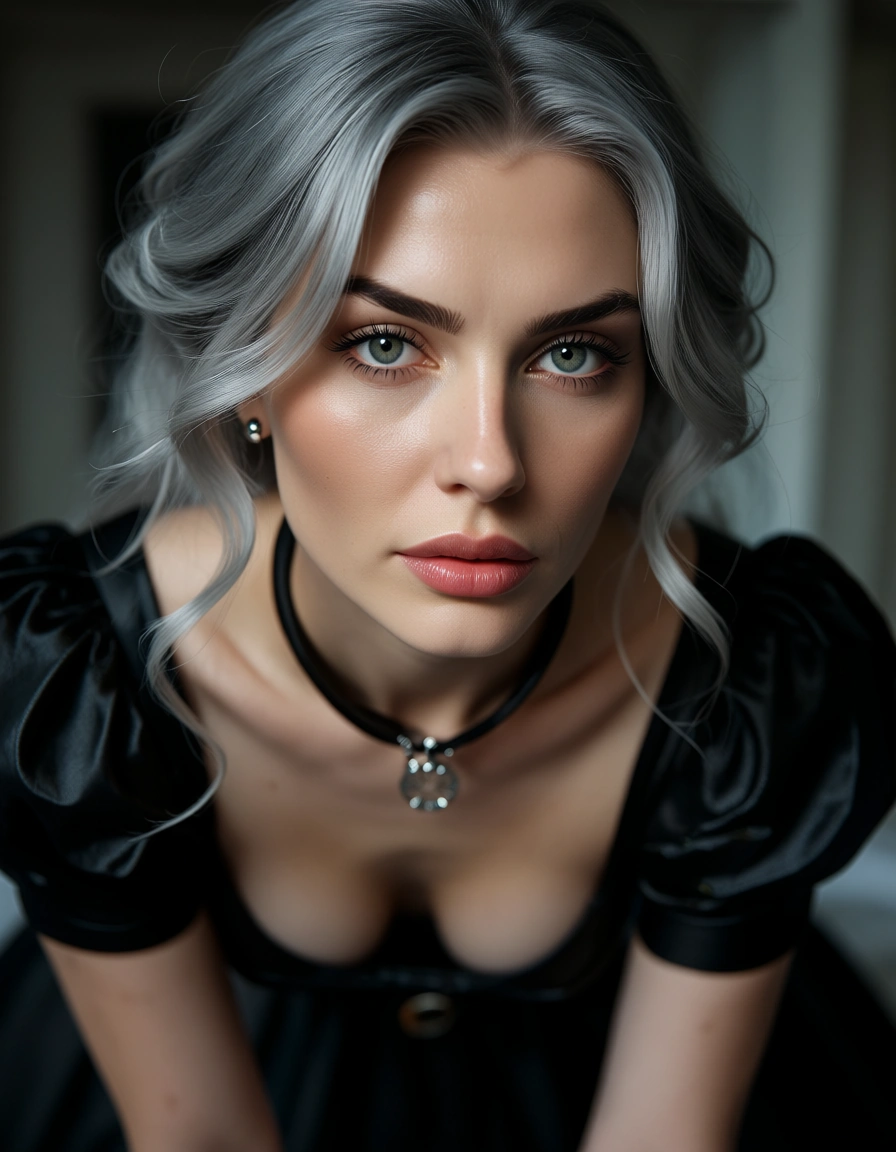 8k, sharp focus, detailed skin, solo, grey hair, puffy sleeves, doggy style, natural skin texture natural d cups, score_9, score_8, candid photo, realistic skin texture, visible skin pores, film grain, depth of field