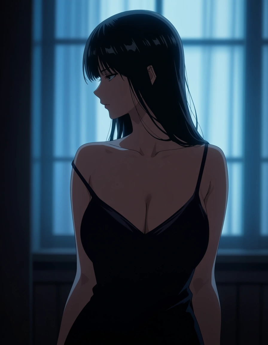 a woman with long dark hair in a black silk slip, soft window light, shot on film, hentai_studio_quality