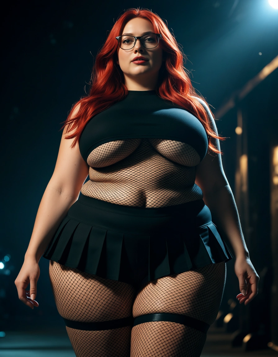 ultra HD, lifelike, huge_breasts , huge_ass , thick_thighs , red_hair , wide hips, curvy , plump , fat, glasses , multiple_views, thigh_strap , underboob , crop_top ,short pleated_skirt, fishnet bodystocking,,, score_9, score_8, candid photo, realistic skin texture, visible skin pores, film grain, depth of field, score_9, score_8, cinematic film still, anamorphic, film grain, dramatic lighting, shallow depth of field